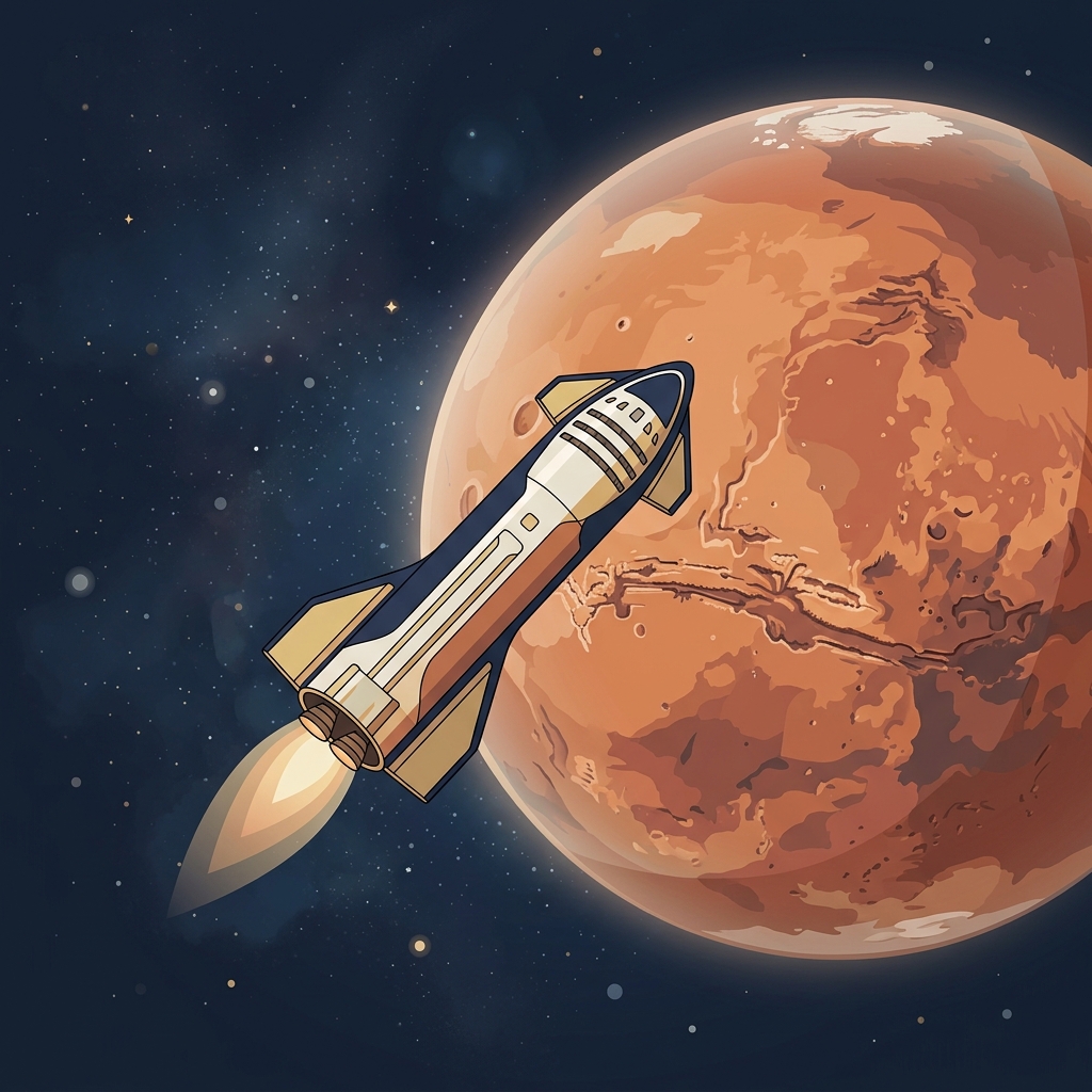SpaceX-style spacecraft approaching Mars