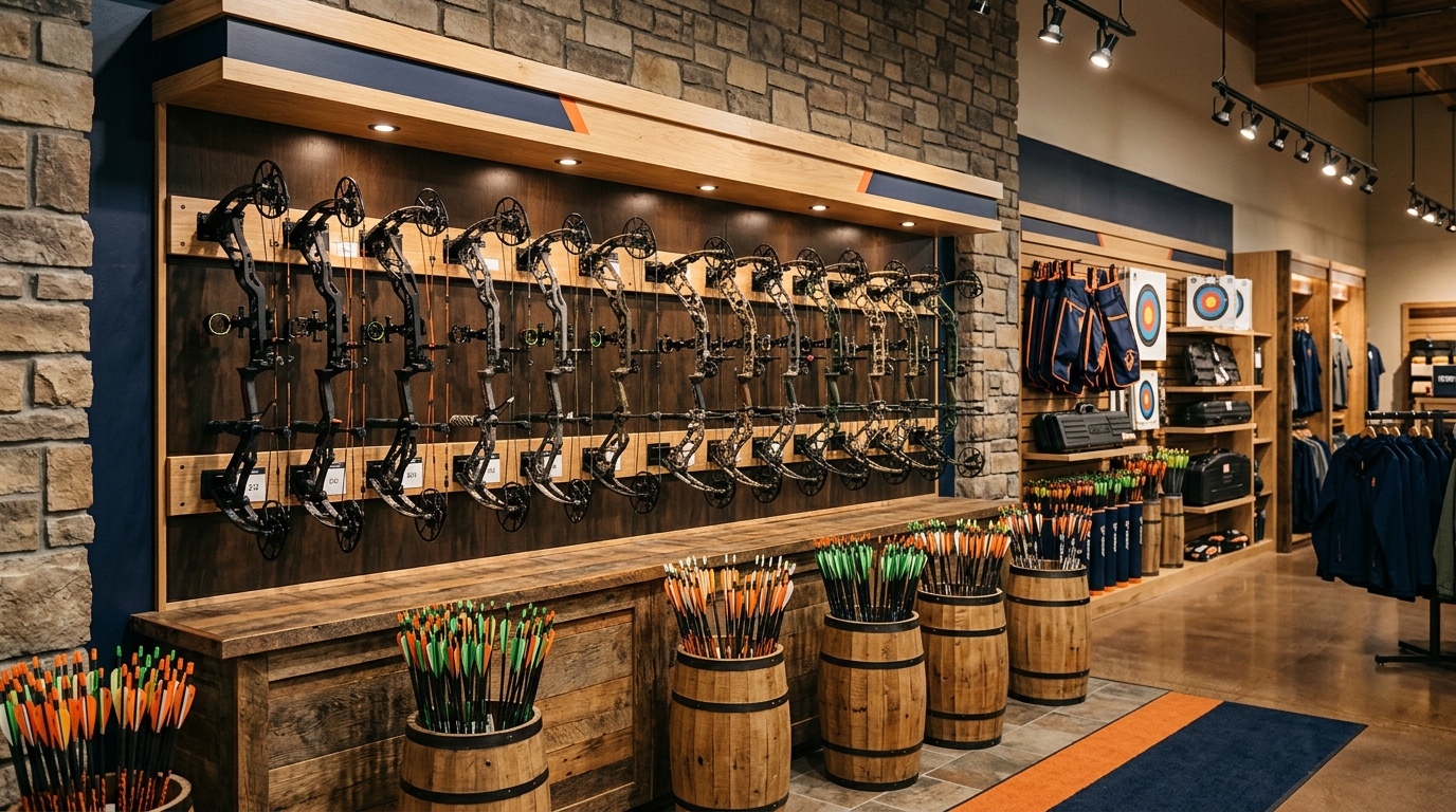 Compound bows displayed on the wall of the archery pro shop