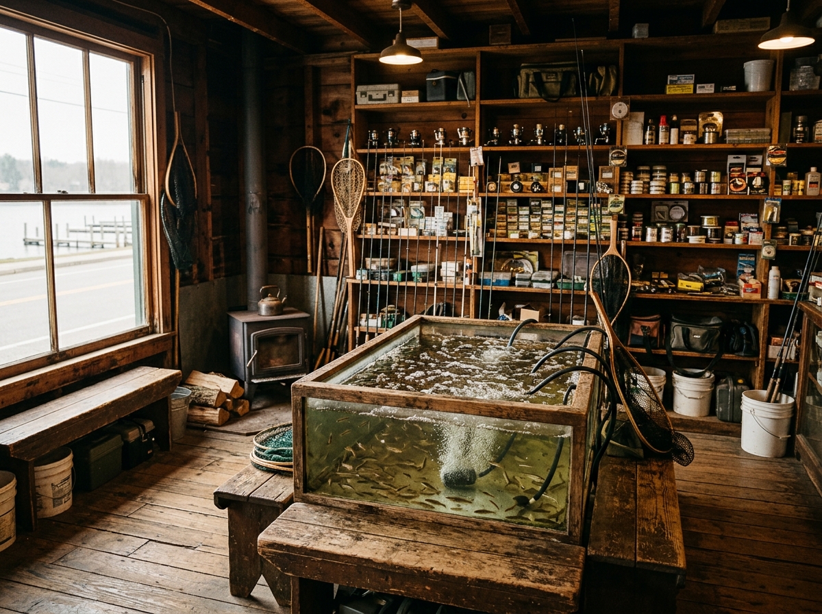 Minnow tanks and tackle wall inside a classic bait shop
