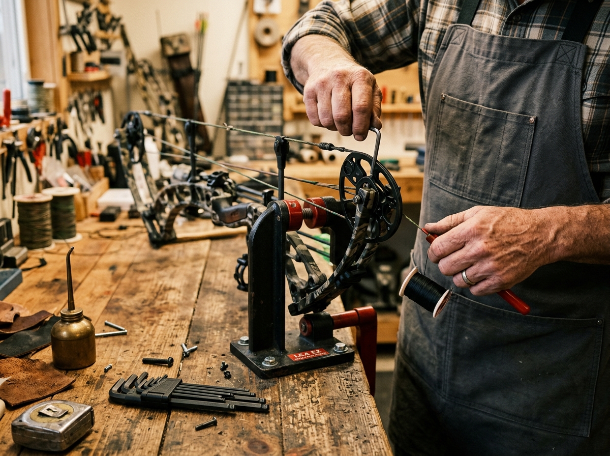 A bow technician working on a compound bow in a press