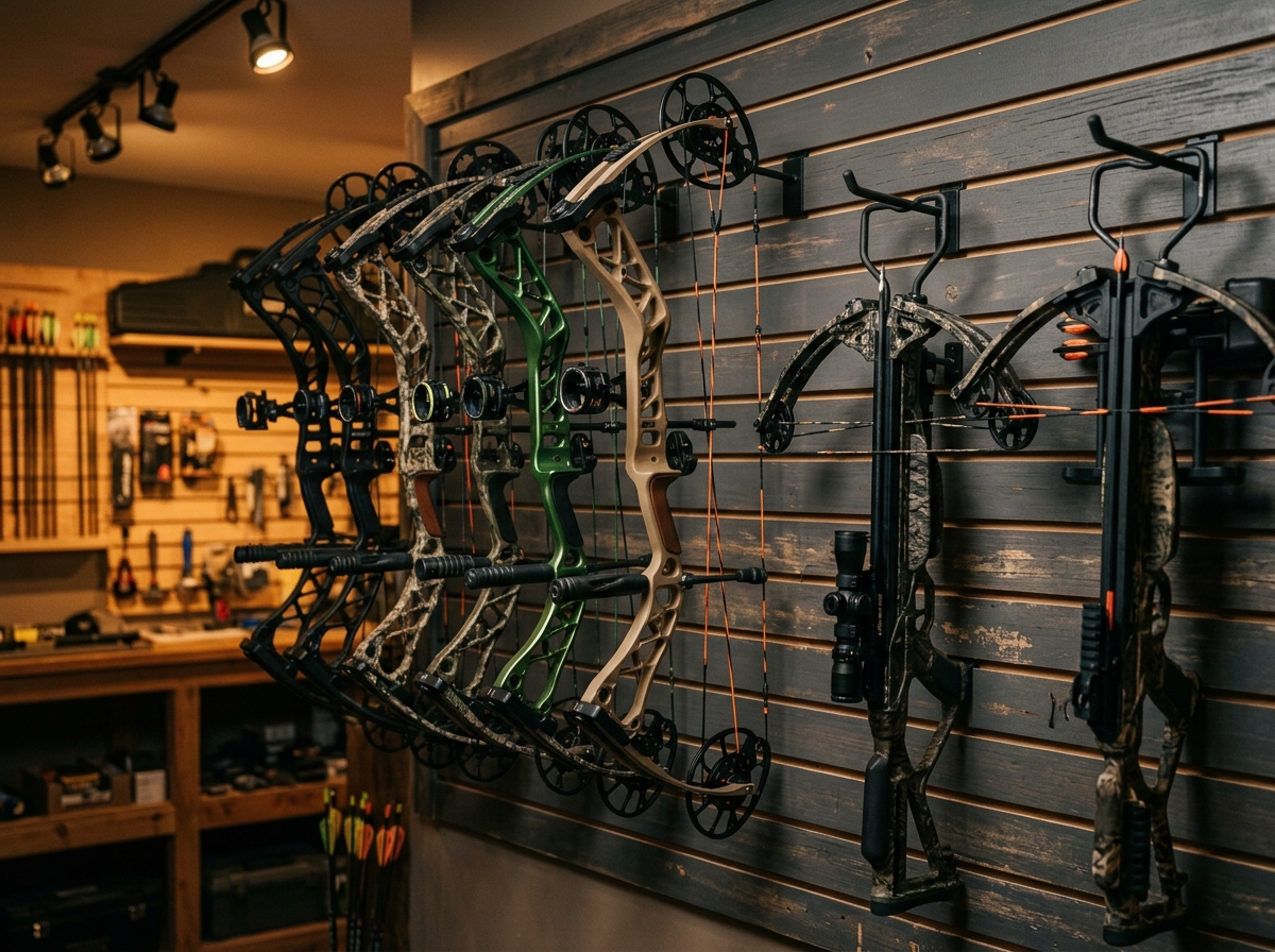 A wall of new compound bows and crossbows in the pro shop