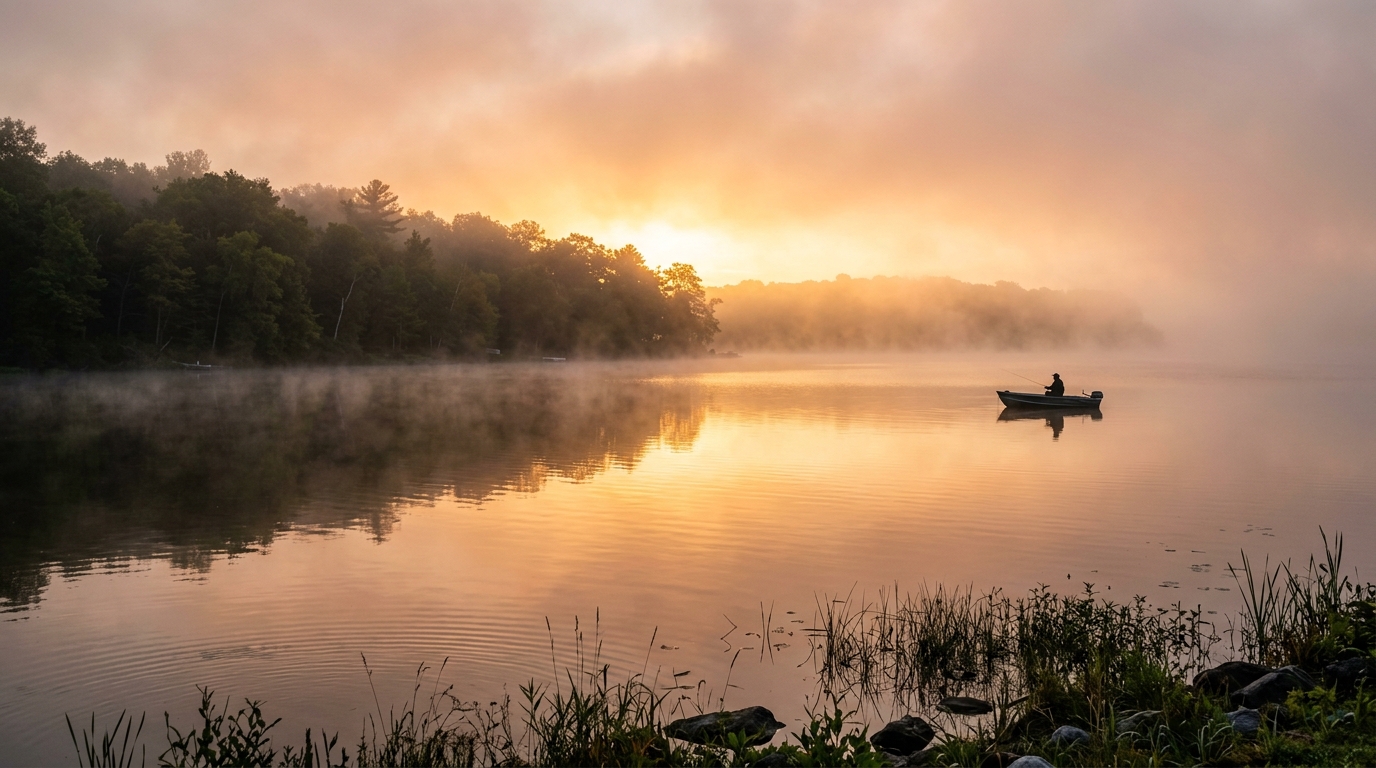 Misty sunrise over a glassy northern Indiana lake with a fishing boat heading out