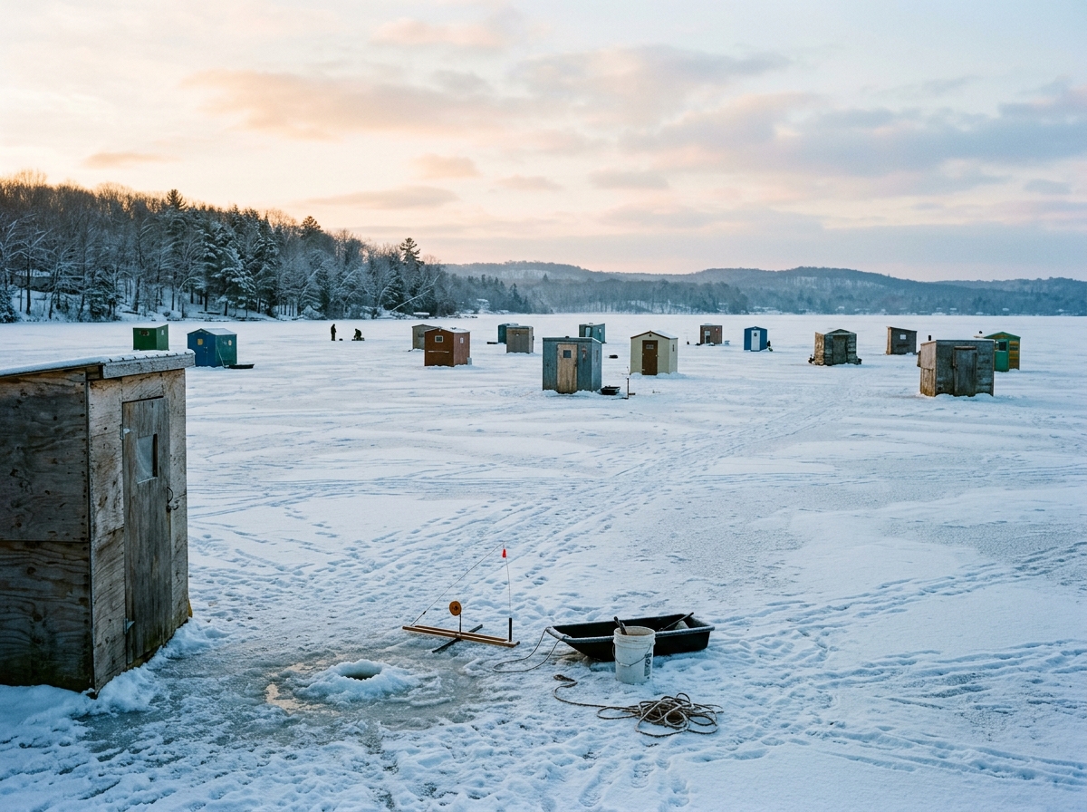 Ice fishing shanties on a frozen northern Indiana lake at dawn