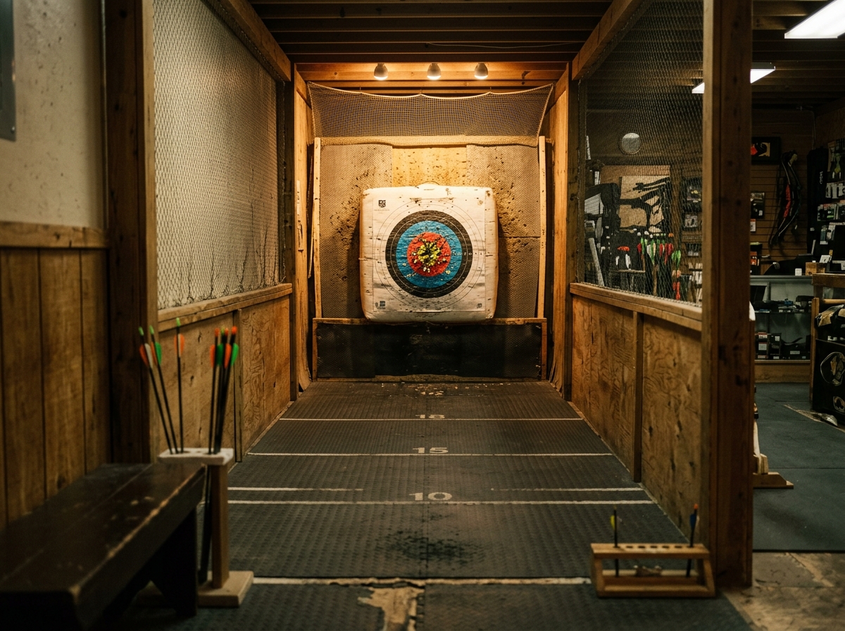 An indoor archery lane with a target at twenty yards