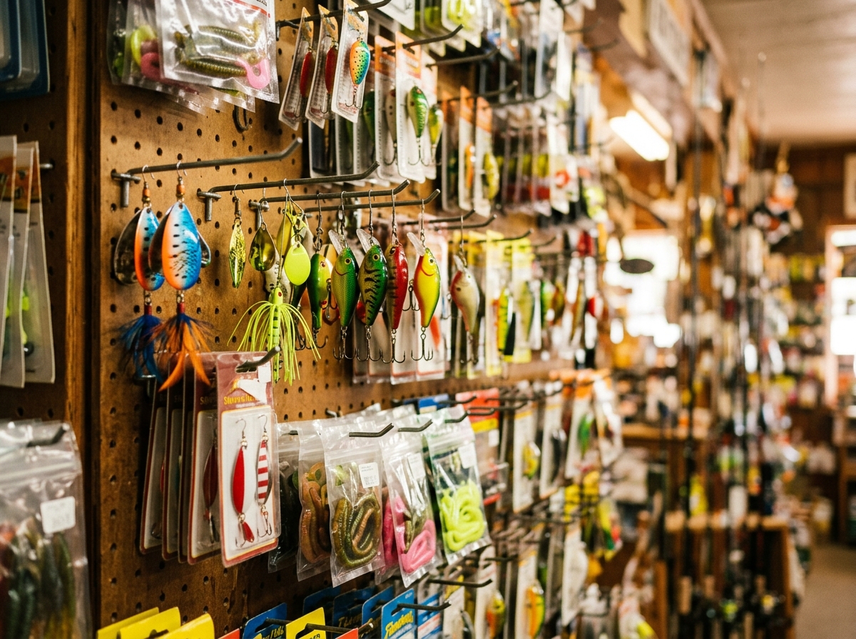 A well-stocked tackle wall of lures, line and terminal tackle