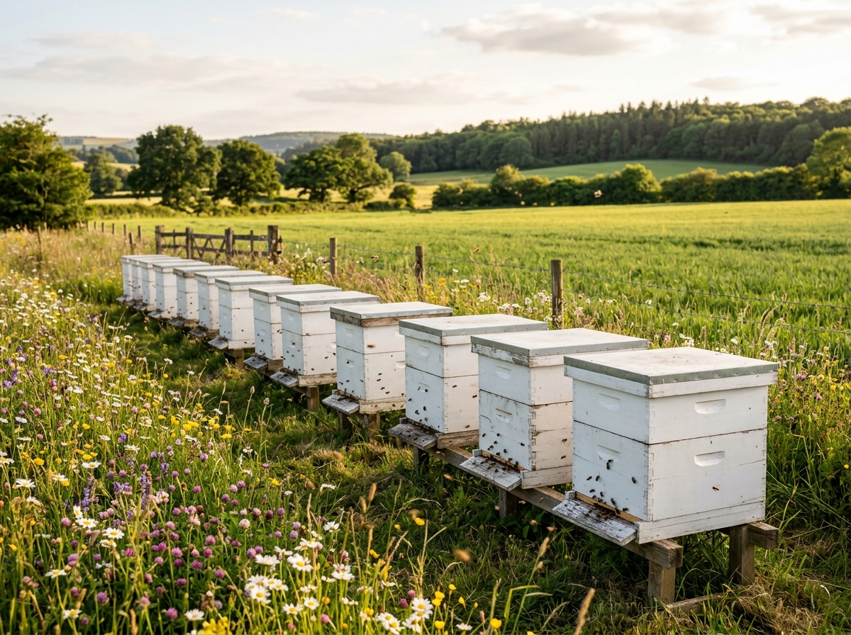 Beehives along the edge of a farm field