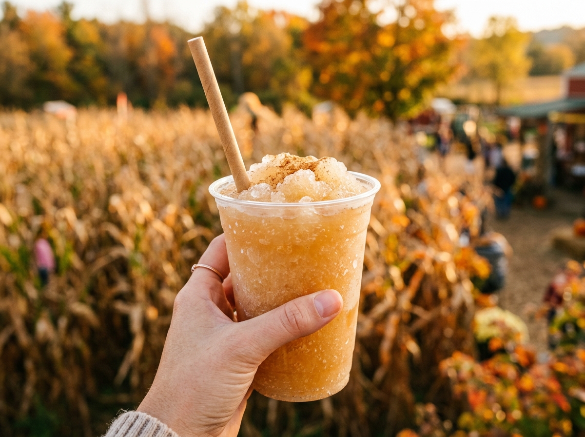 An apple cider slushie in a cup