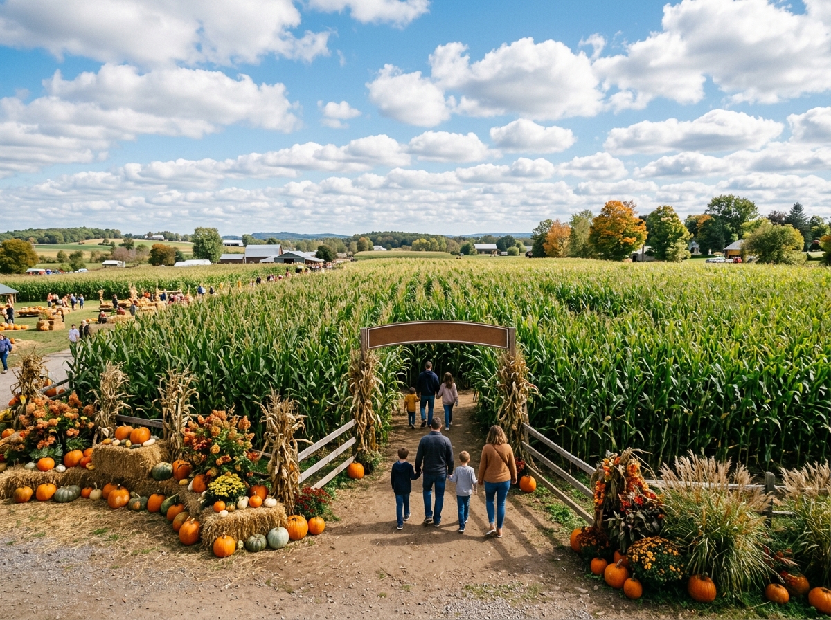 Families entering a tall green corn maze on a sunny fall day