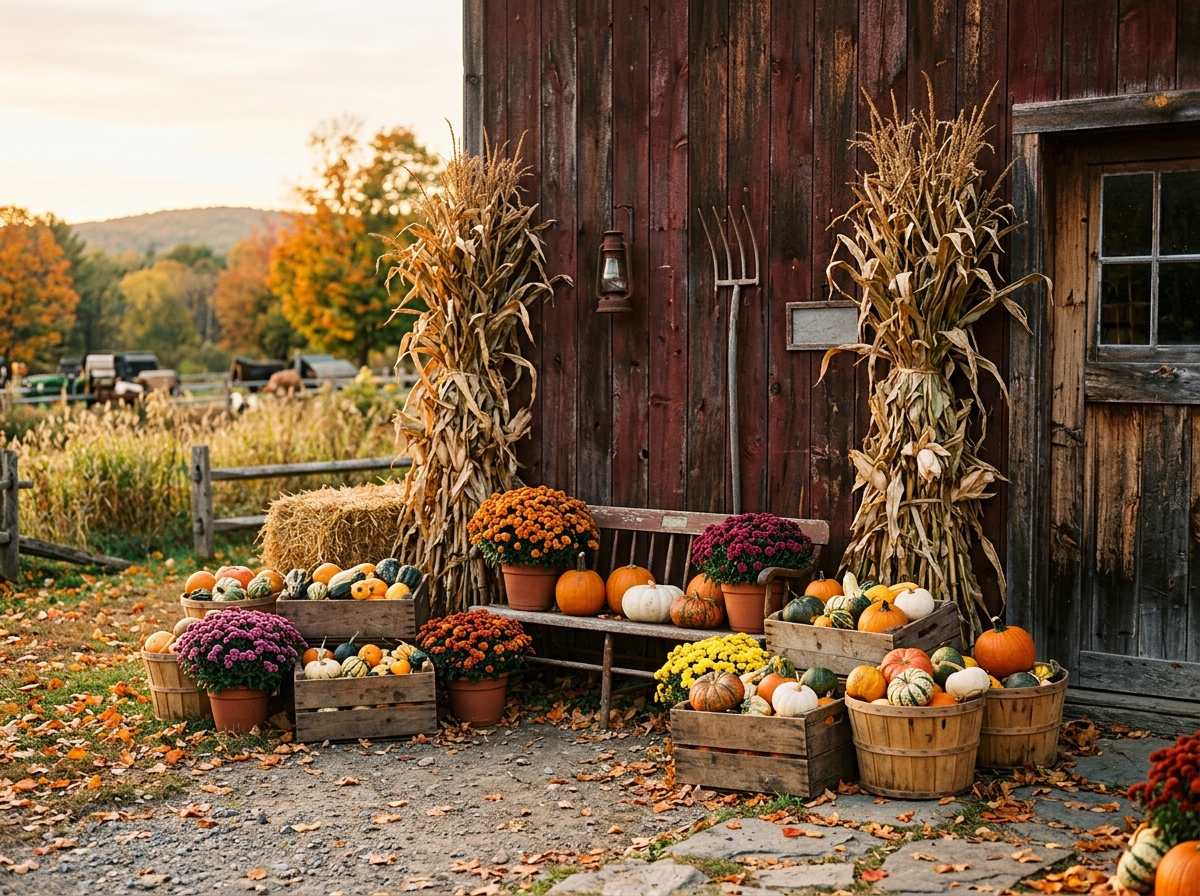The farm dressed for fall with mums and cornstalks