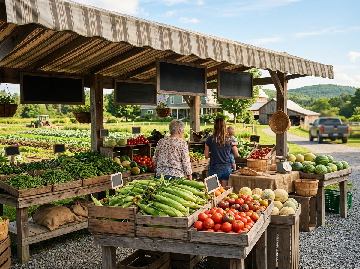The Cedar Creek farm stand stacked with fresh summer produce