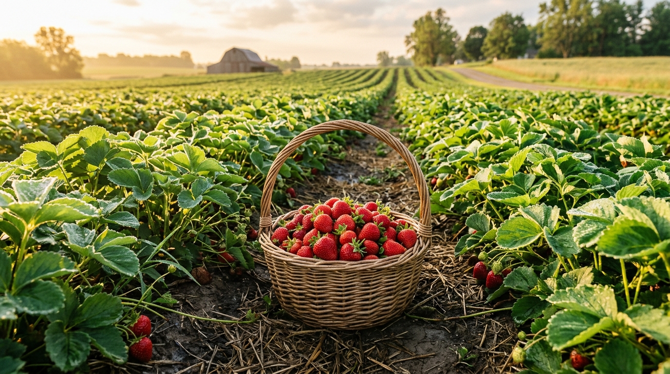 Ripe strawberries in a picking basket in a sunlit U-pick field