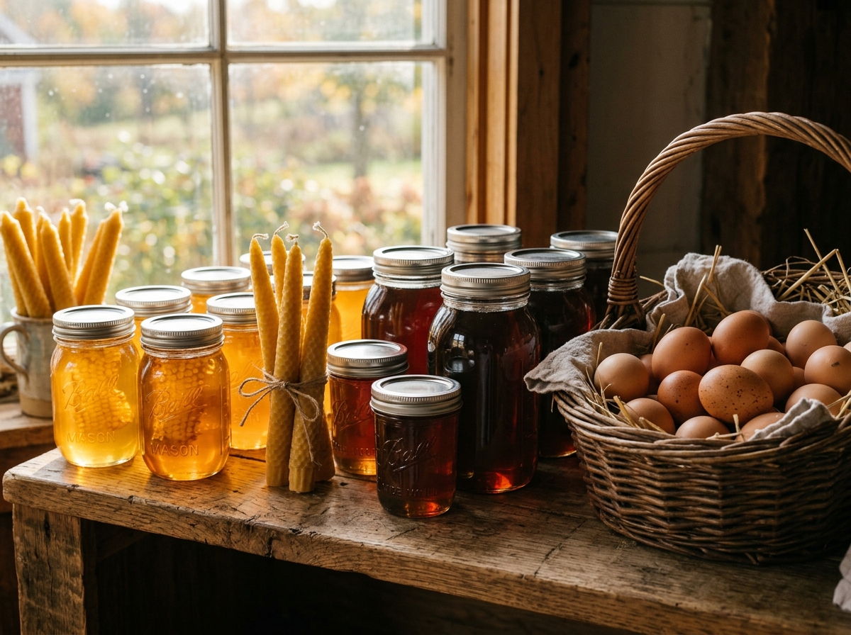Jars of honey and maple syrup on a farm stand shelf