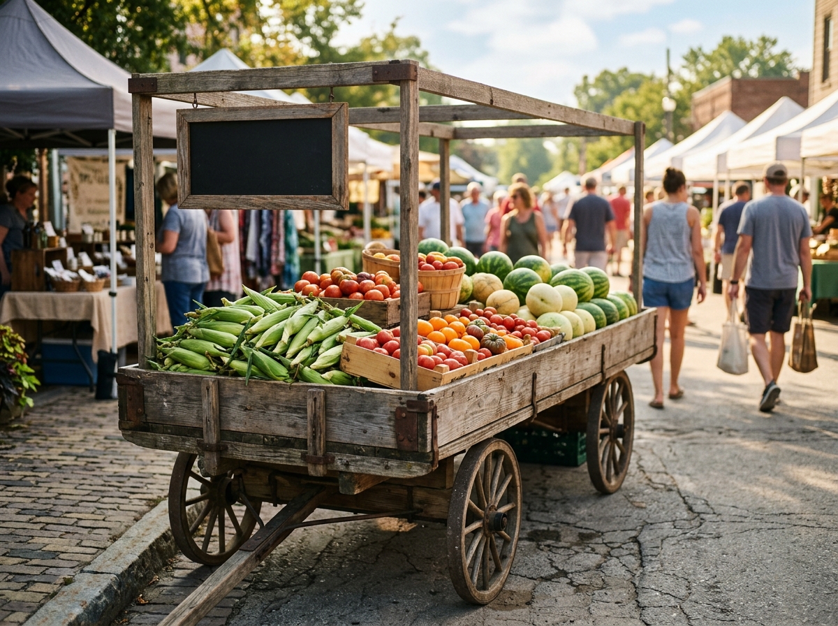 A farm produce wagon loaded with sweet corn and tomatoes at a market