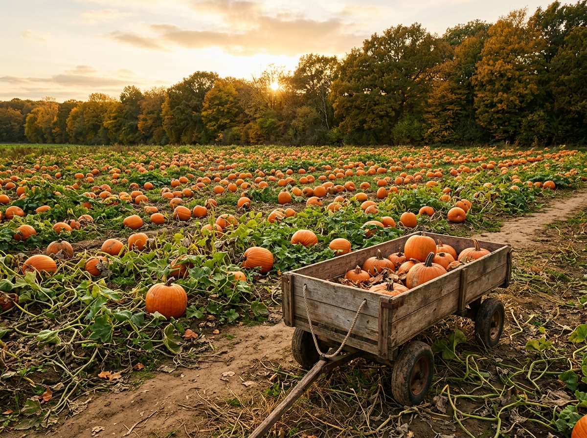 A pumpkin patch glowing in golden fall light