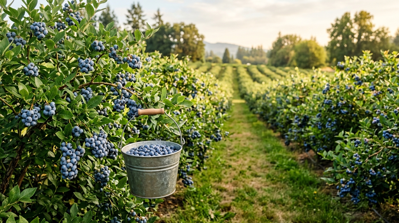 Sunlit berry rows at the U-pick field