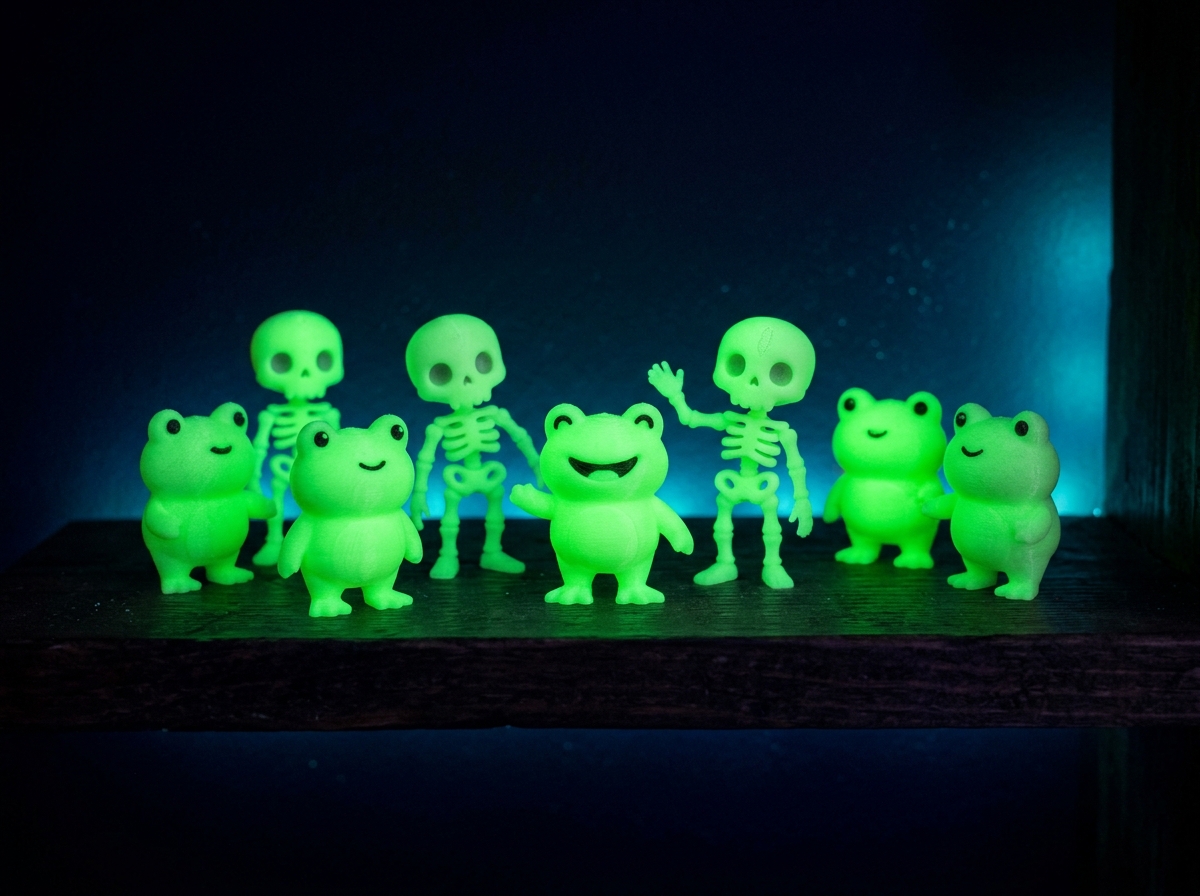 Glow-in-the-dark 3D printed frogs and skeletons glowing green in the dark
