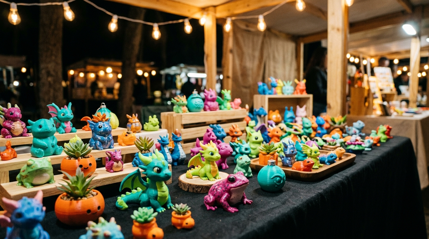 A market table full of small colorful hand-painted 3D printed figurines