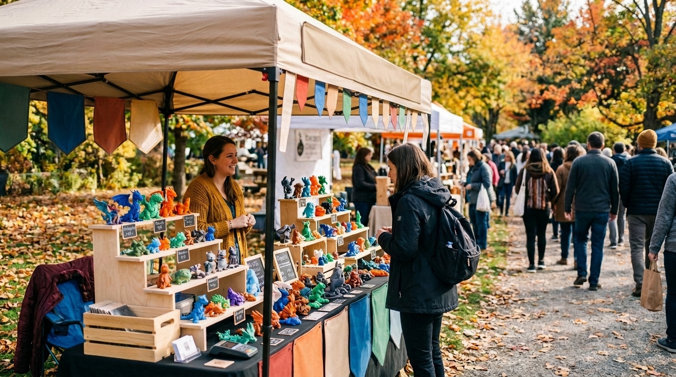 An artisan craft market booth on a sunny fall day