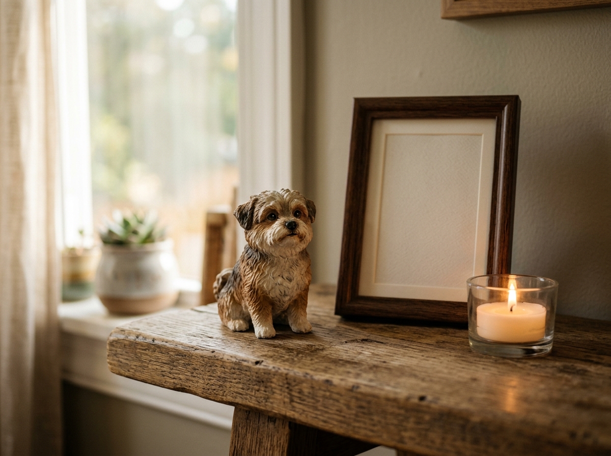 A hand-painted keepsake figurine of a dog on a shelf
