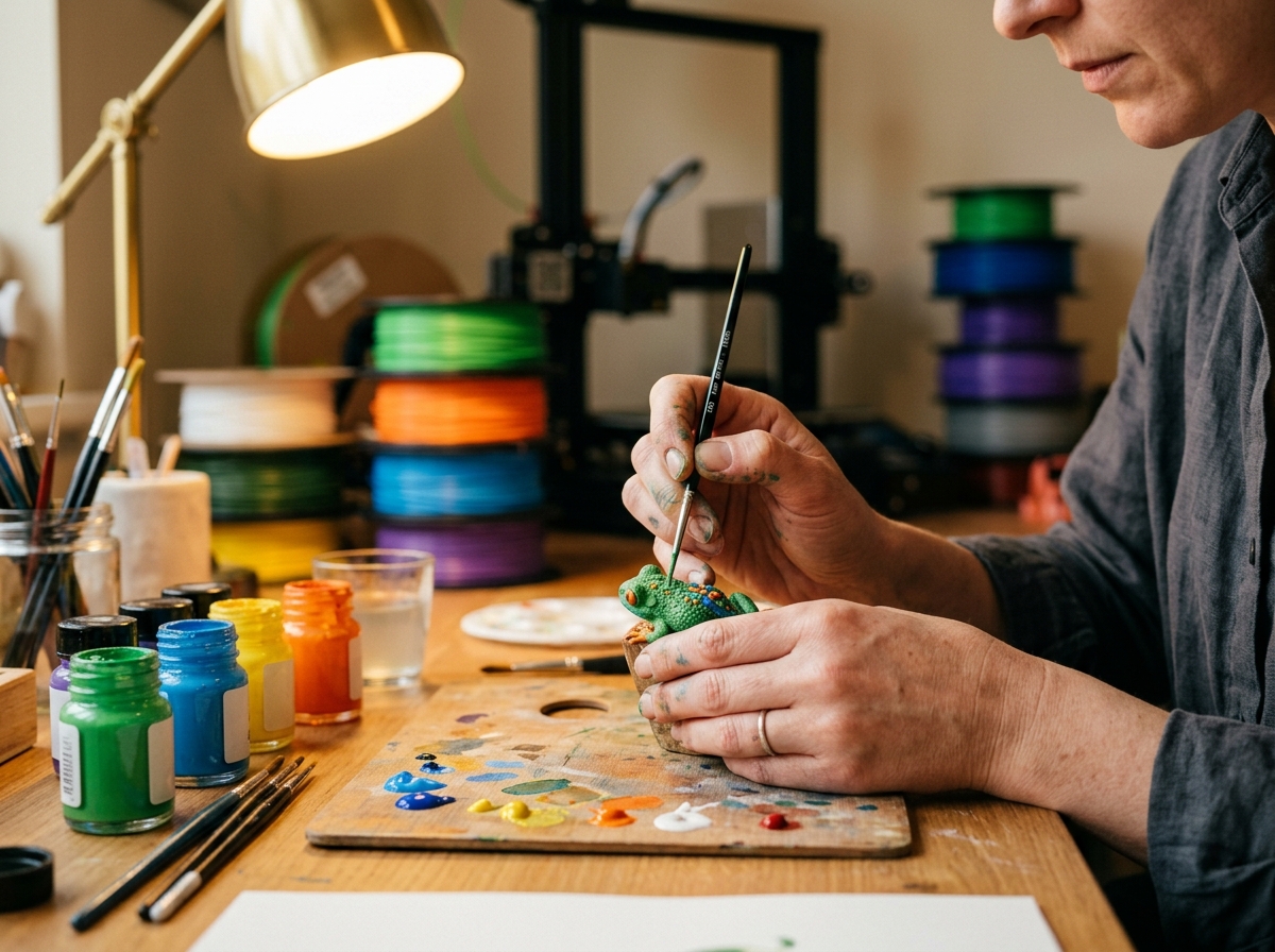 A figurine being hand-painted with a fine brush