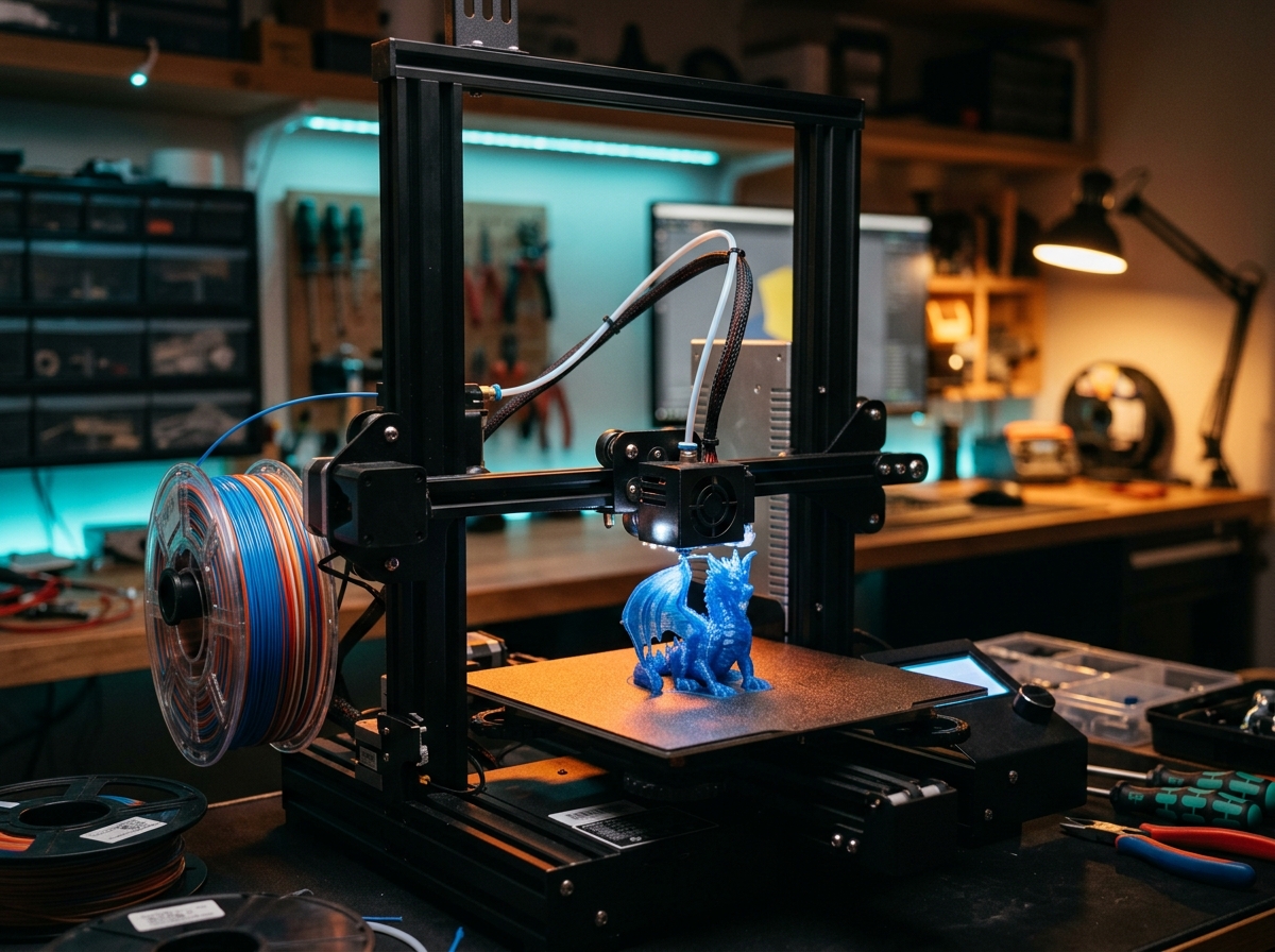 A 3D printer building a small figurine
