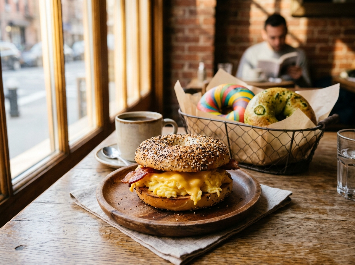 A bagel breakfast sandwich with a basket of colorful bagels