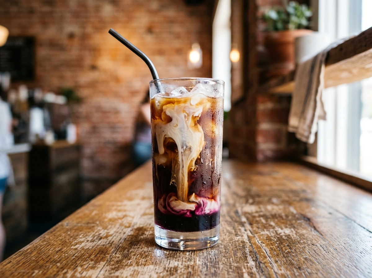 An iced coffee with cream and blackberry syrup swirling