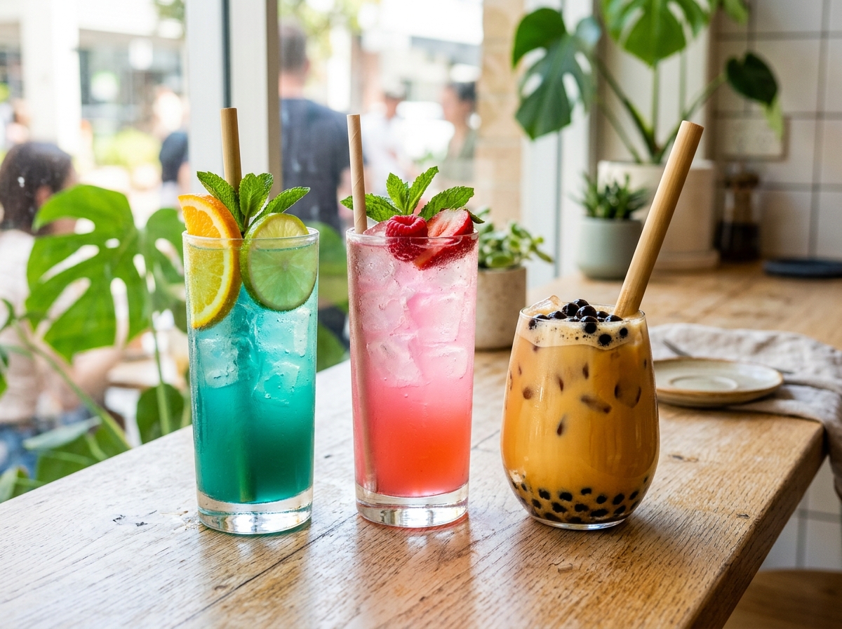 Two colorful energy drinks and a boba tea