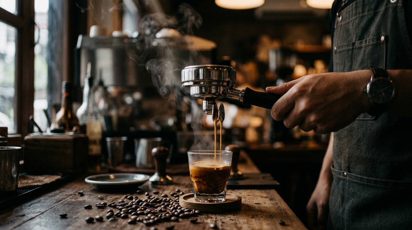 Espresso streaming from a portafilter into a glass