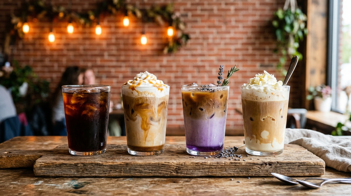 A coffee flight of four full-size drinks on a wooden board in front of an exposed brick wall