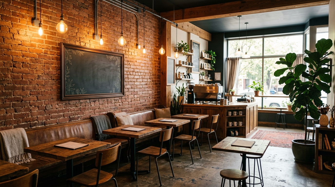 The cozy interior of The Grind with exposed brick and warm pendant lights