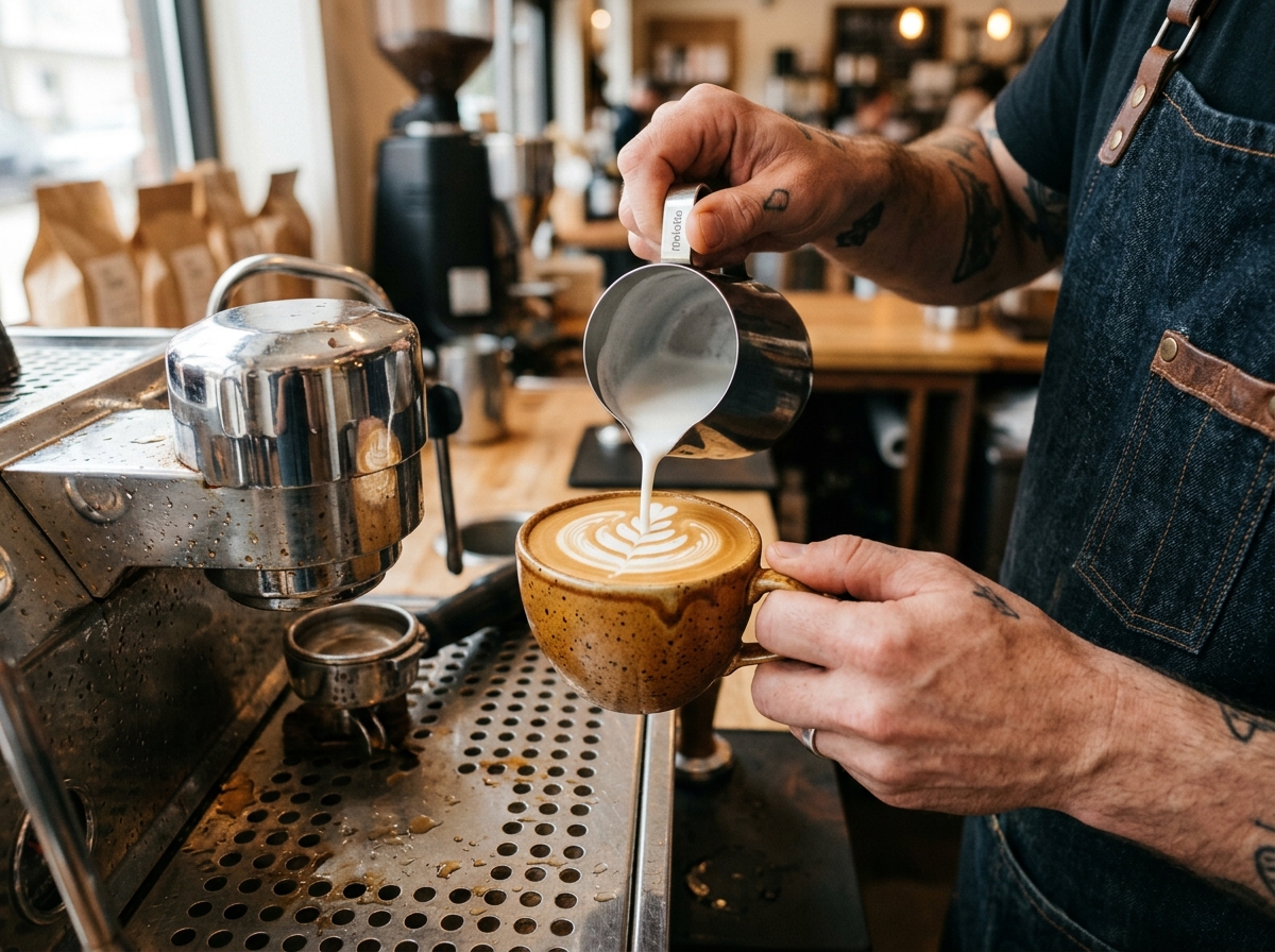 A barista pouring latte art into a ceramic cup