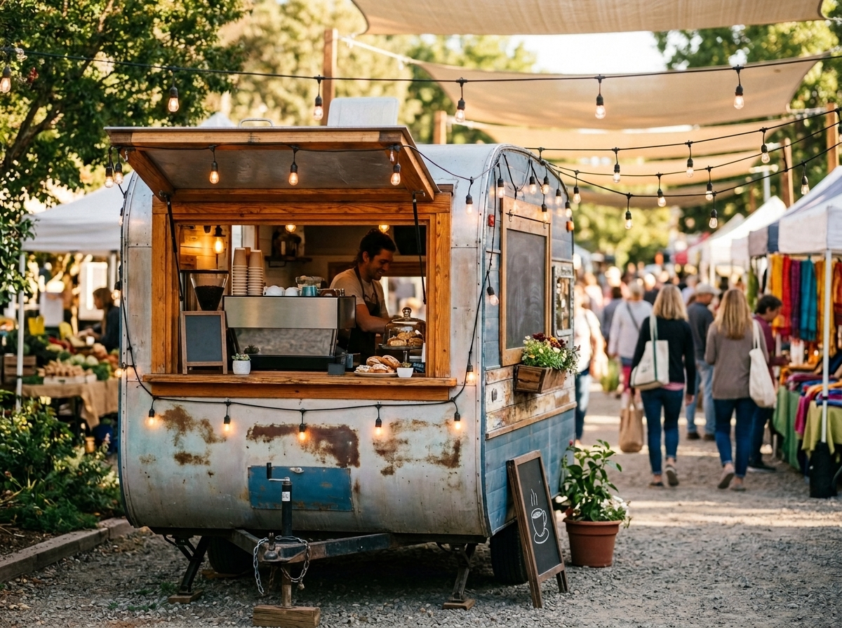 The mobile espresso bar set up at an outdoor market