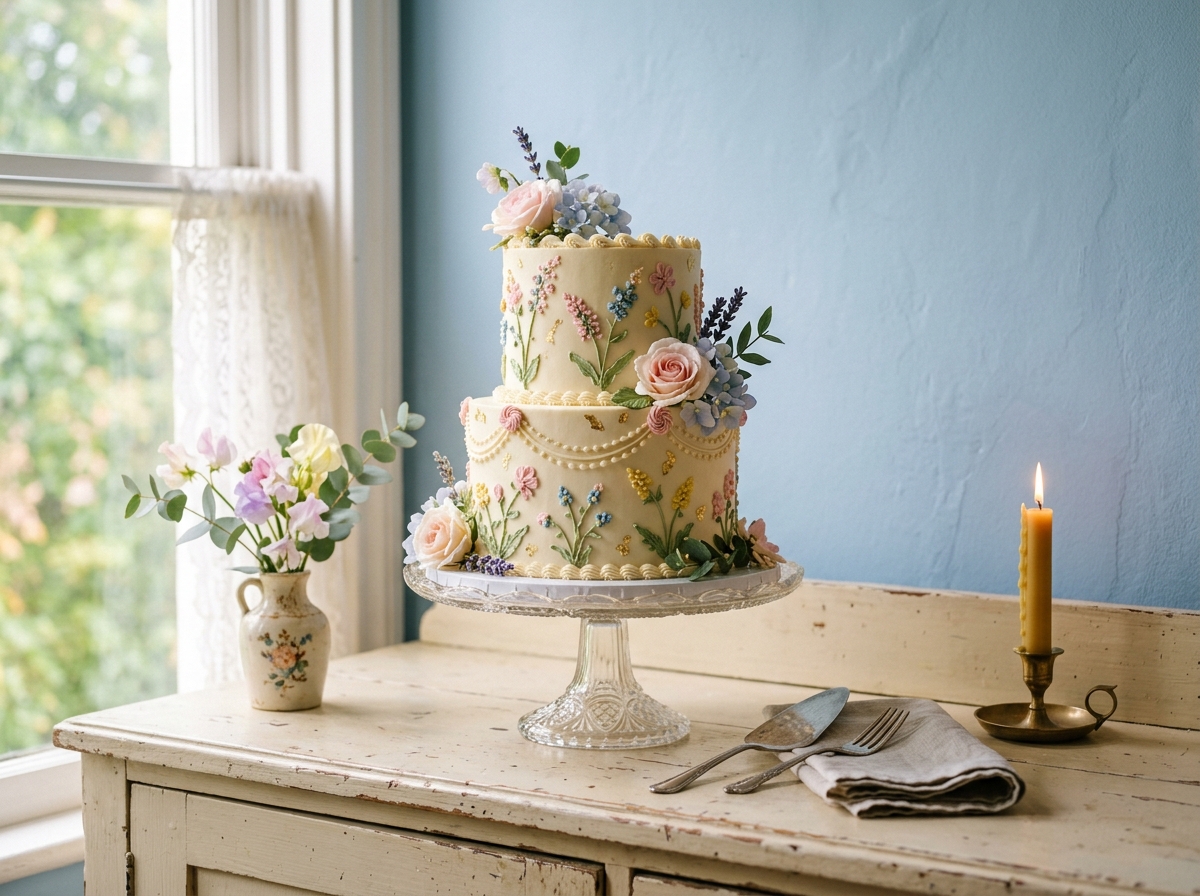 A decorated buttercream celebration cake on a vintage cake stand