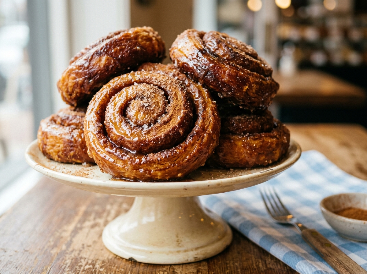 Golden glazed fried cinnamon rolls stacked on a cream cake stand