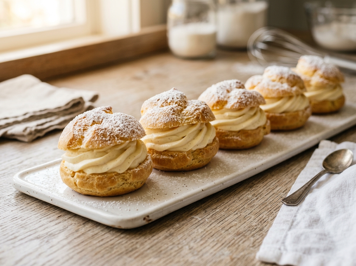 Cream puffs dusted with powdered sugar