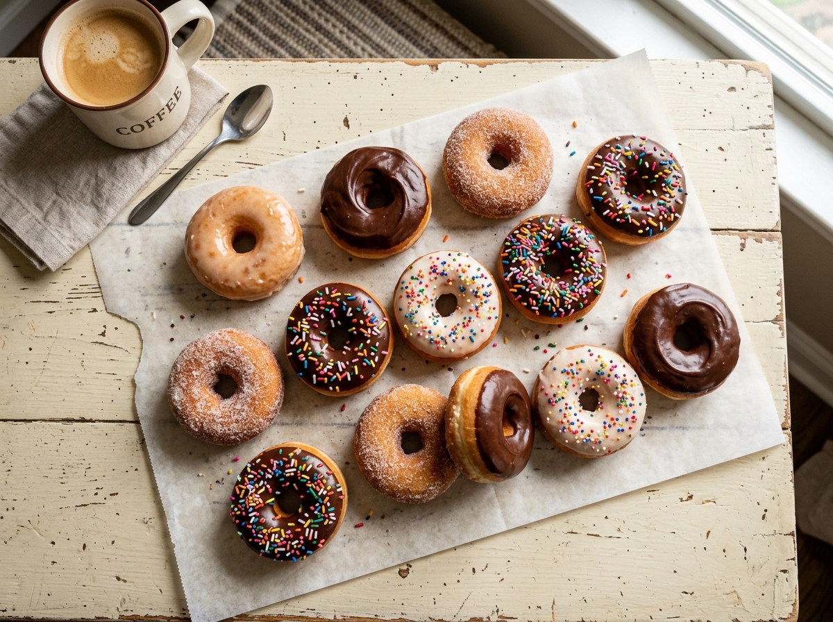 An assortment of fresh donuts on parchment