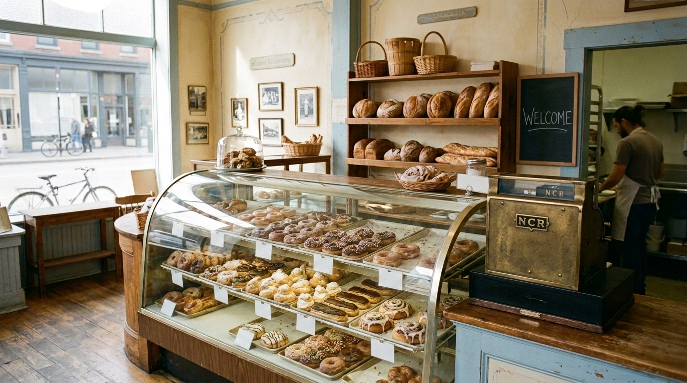 Inside Heyerly's Bakery: a curved glass case full of fresh donuts, cream puffs and cinnamon rolls, wooden shelves of bread loaves behind