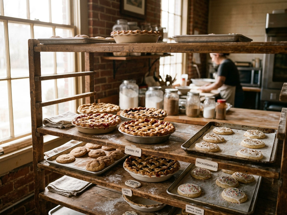 Fresh pies and decorated cookies cooling on a rack