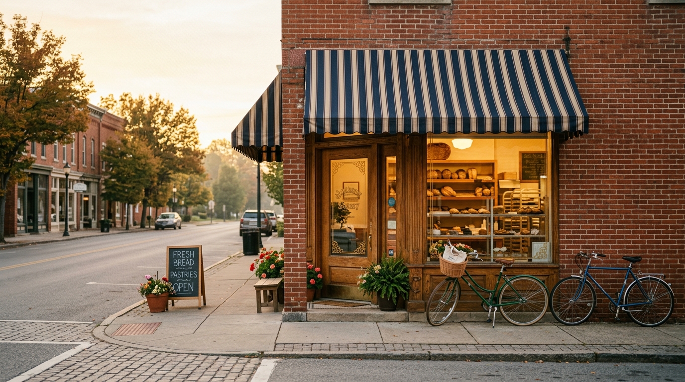 The brick corner storefront of Heyerly's Bakery on Jefferson Street at golden morning light
