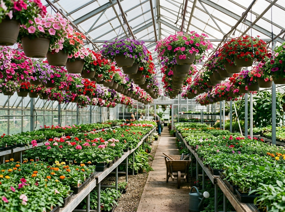 Rows of vibrant hanging flower baskets inside the greenhouse