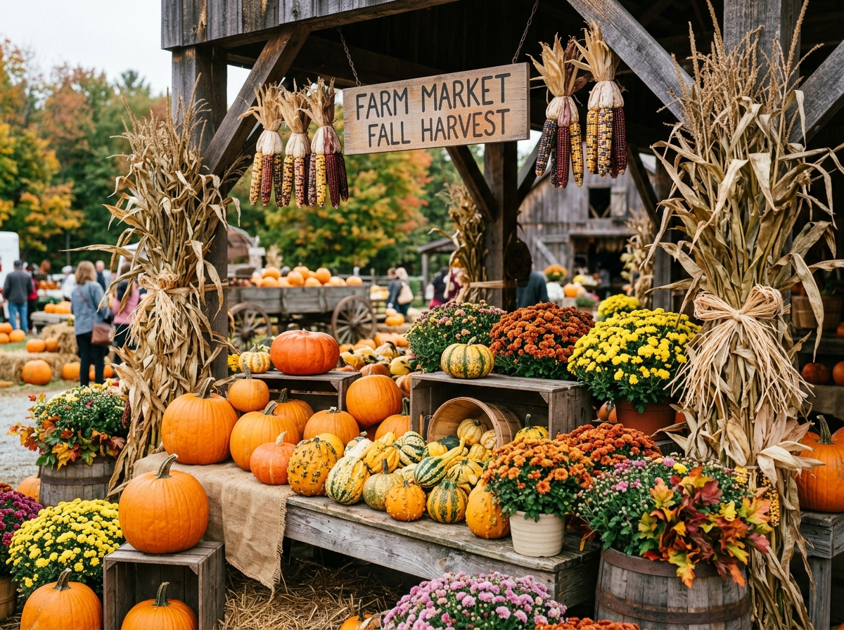 Pumpkins, gourds, corn stalks and colorful mums in the fall