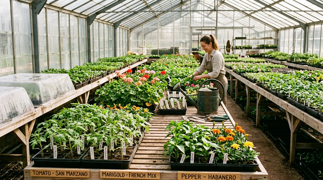Greenhouse tables full of spring bedding plants and vegetable starts