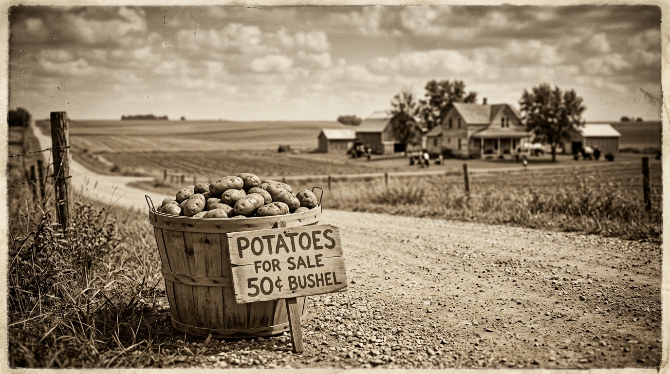 A sepia-toned scene of a bushel basket of potatoes with a hand-painted for-sale sign at the edge of a country road