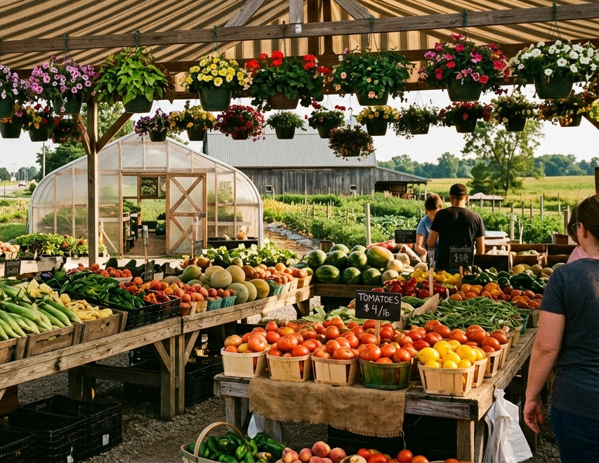 The farm market under its canopy: hanging flower baskets above tables piled with sweet corn, tomatoes and melons, greenhouse behind