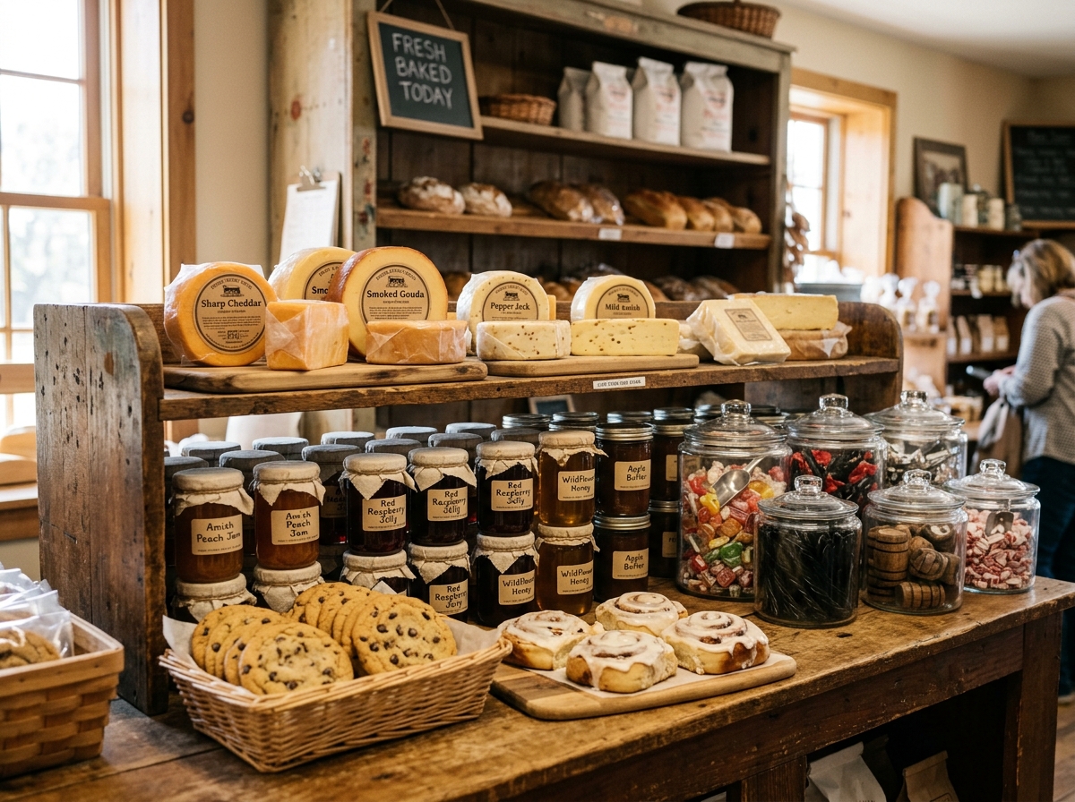 Amish cheeses, jars of jam and old-fashioned bulk candy on a wooden shelf