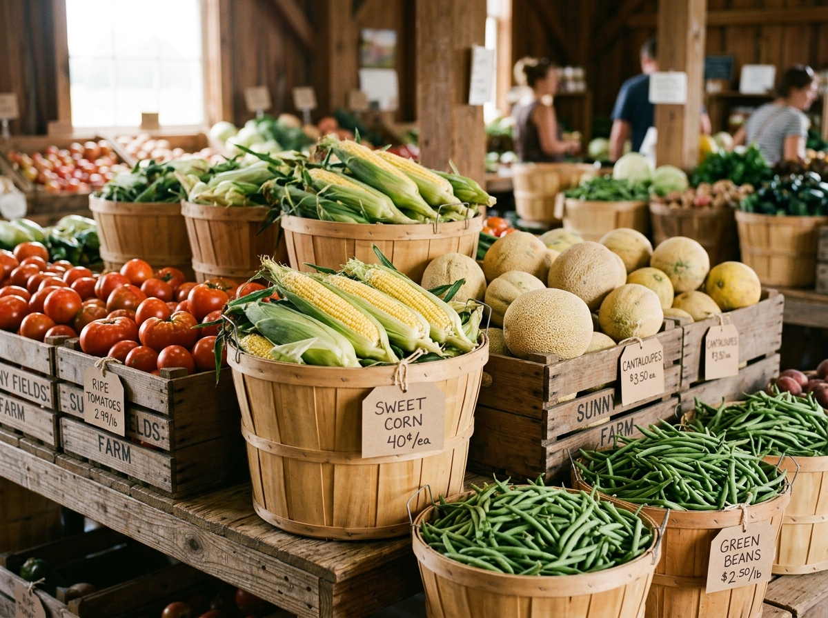 Bushel baskets of sweet corn and crates of ripe tomatoes