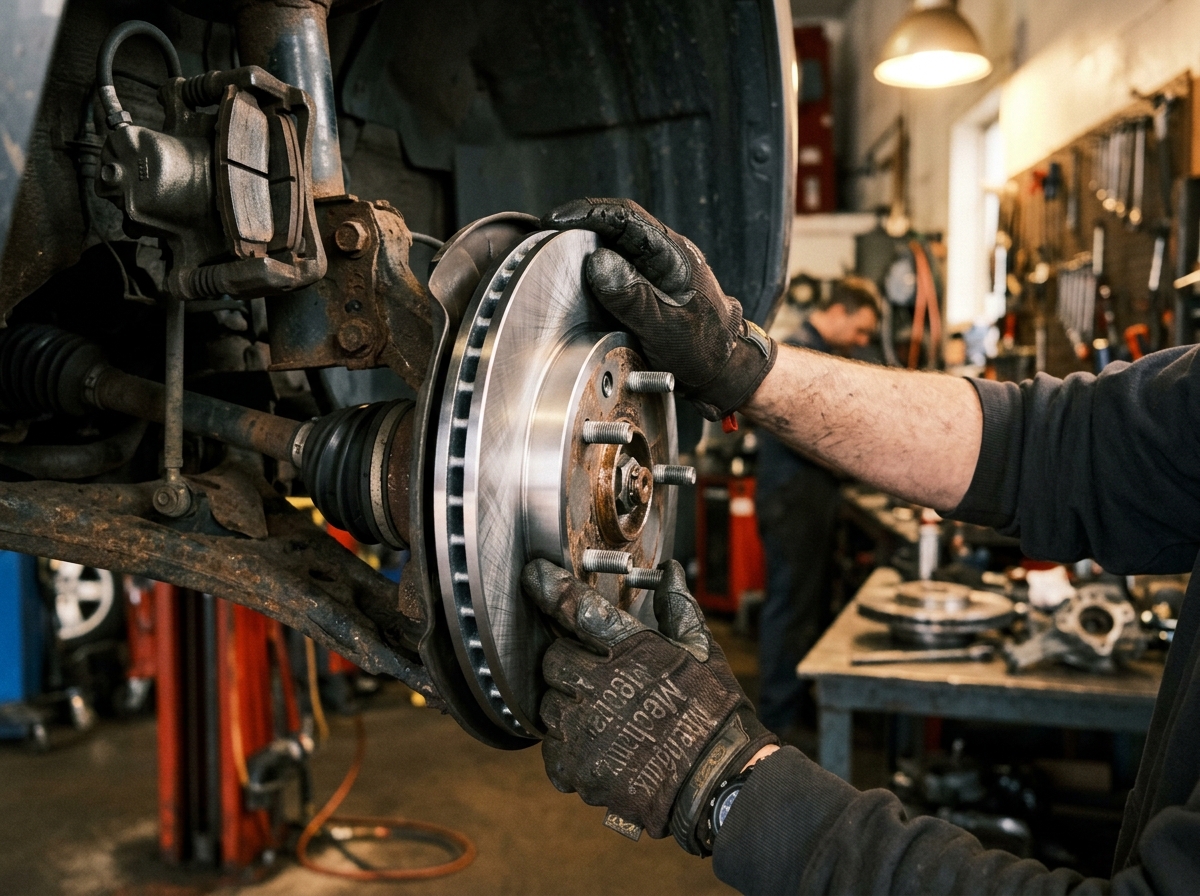 A new brake rotor being installed