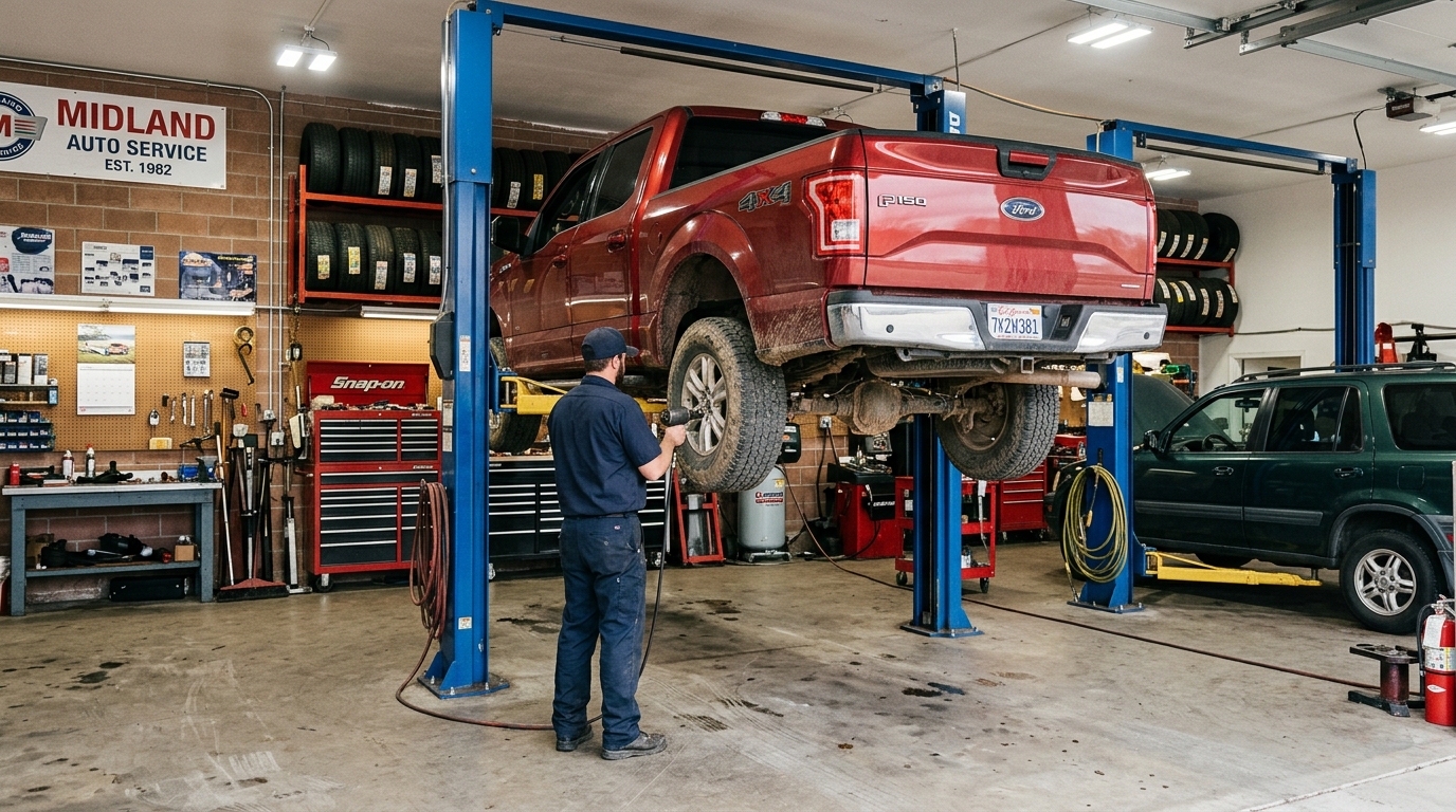 A pickup truck on the lift in a clean, well-organized service bay