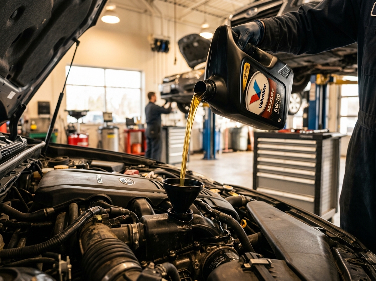 Fresh oil being poured during an oil change